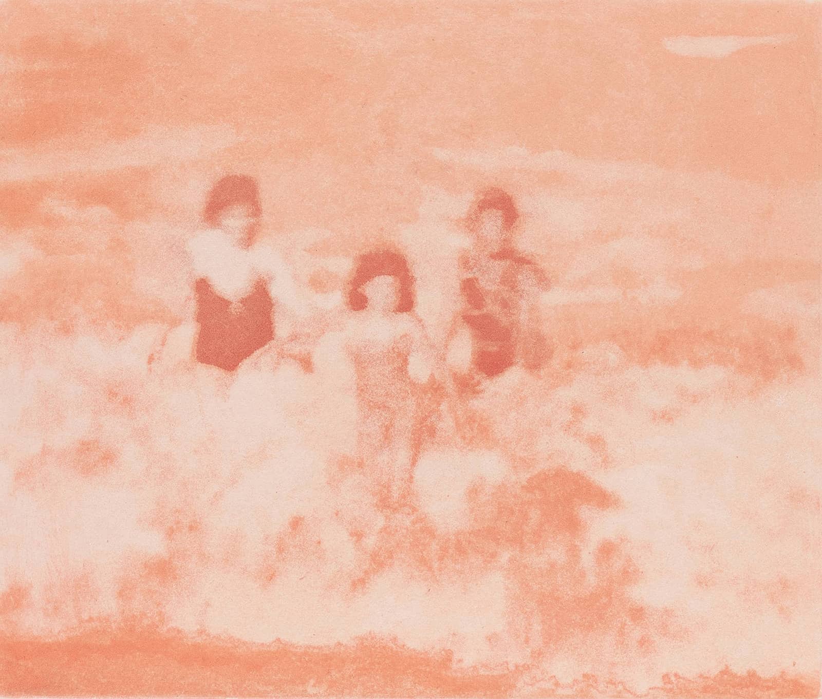 Les Baigneuses Geraldine Daniel Photogravure sur cuivre en couleur; Trois femmes, dont une enfant jouent dans les vagues